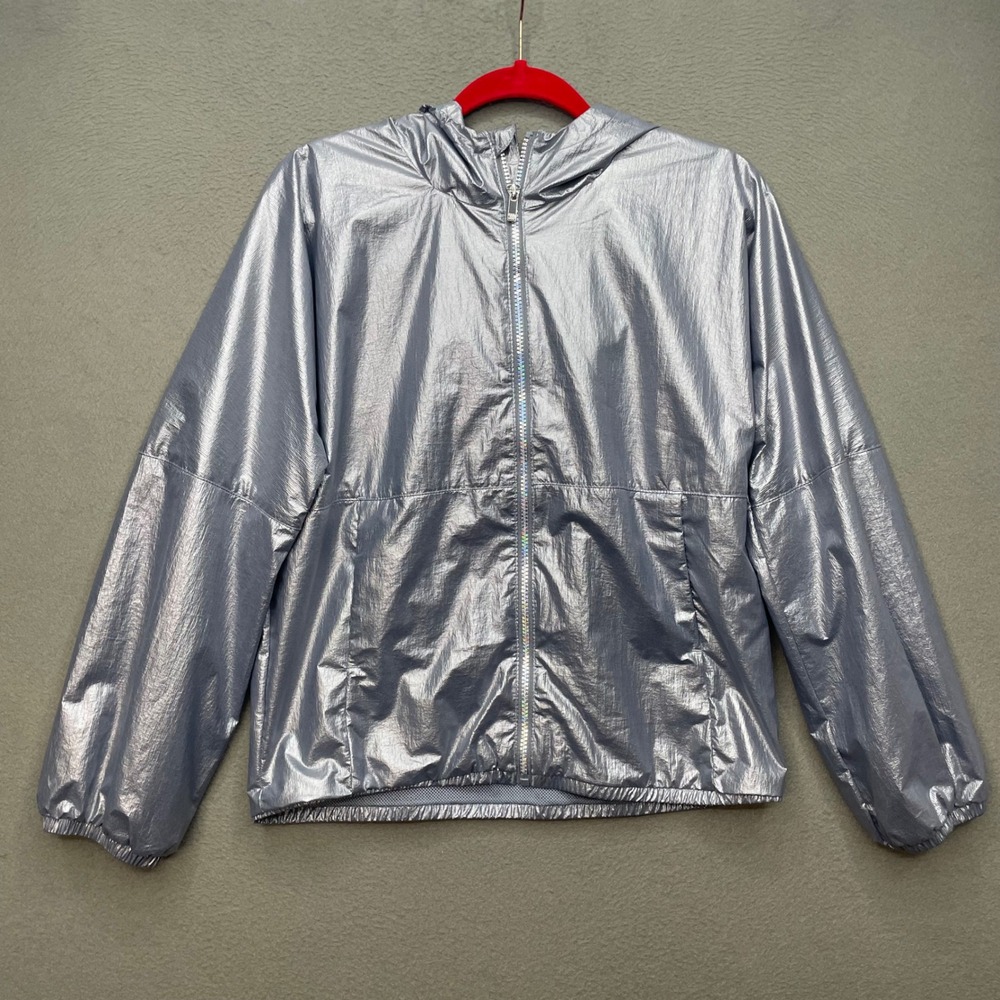 All In Motion Girls Jacket Silver Metallic Windbreaker XXL 16/18 Y2K Space Age